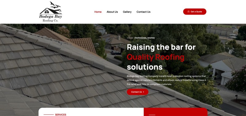 Bodega Bay Roofing Co. website homepage